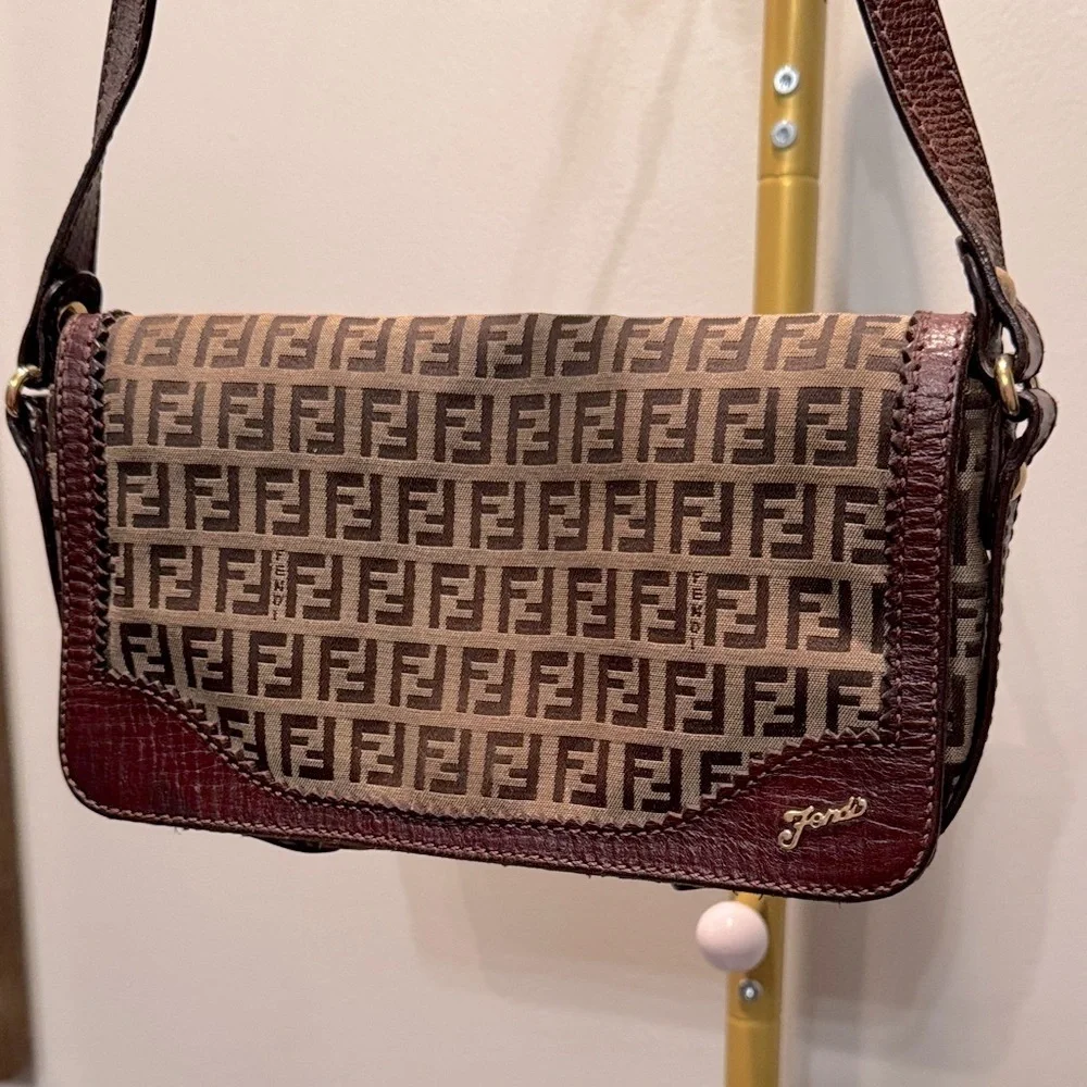 Fendi Zucchino Brown and Dark Brown Monogram flap shoulder Bag